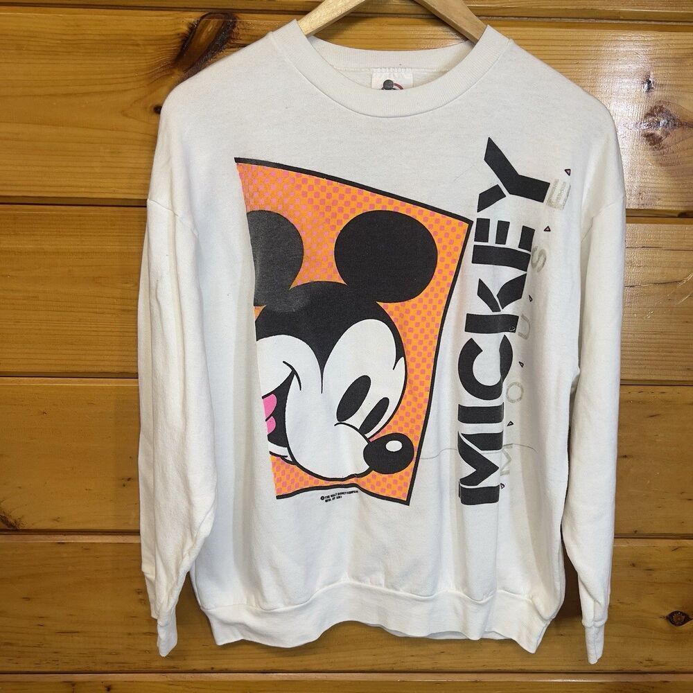 Vintage Mickey Mouse Sweatshirt Womens L Front Back Graphic Huge Made In USA